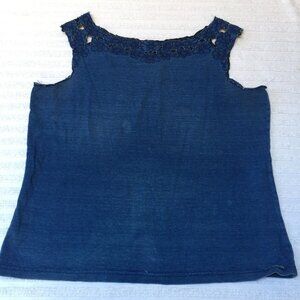 Blue Will's Womens Floral Embroidered Tank Top Blouse XL Navy Sleeveless Cotton